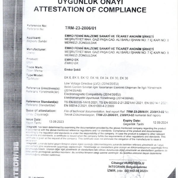 Elektrikli Kombi Uygunluk Onayı Belgesi